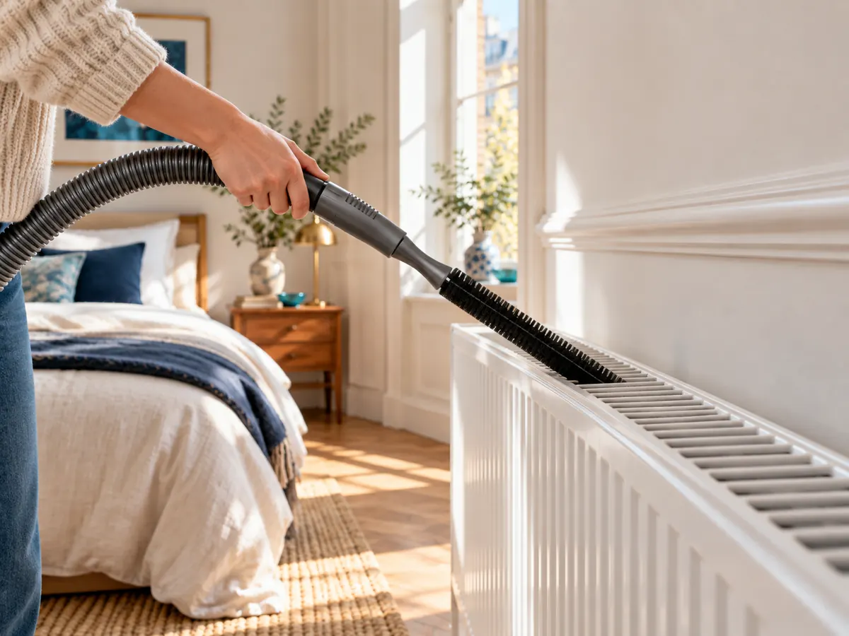 Person saugt einen weißen Plattenheizkörper im Schlafzimmer mit schmaler Fugendüse ab