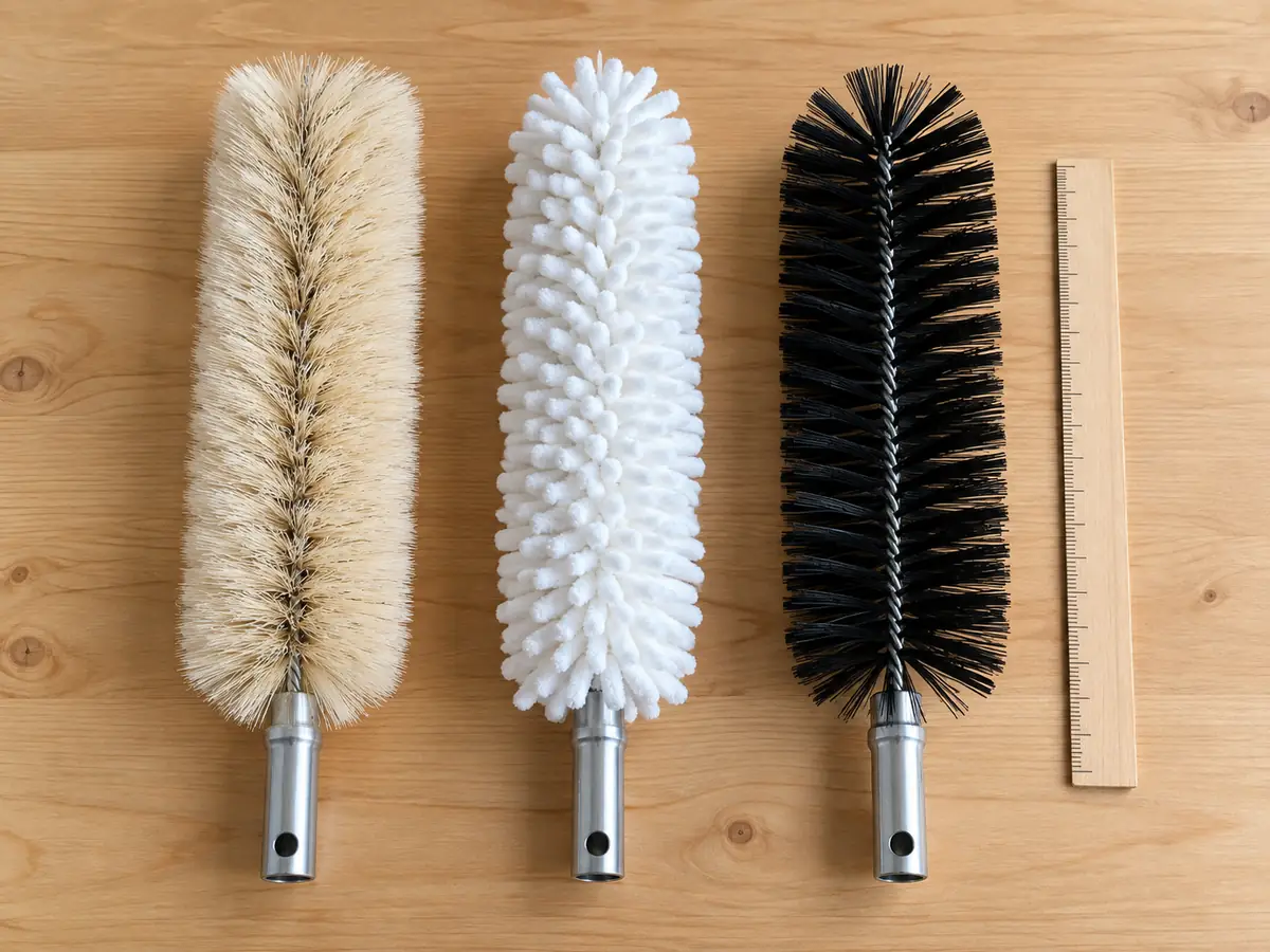Drei Bürstenköpfe nebeneinander: Ziegenhaar, Mikrofaser und Kunststoff