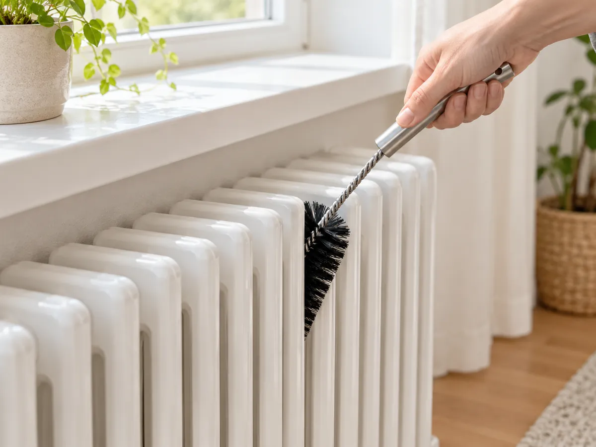 Lange Heizungsbürste an einem Heizkörper unter der Fensterbank