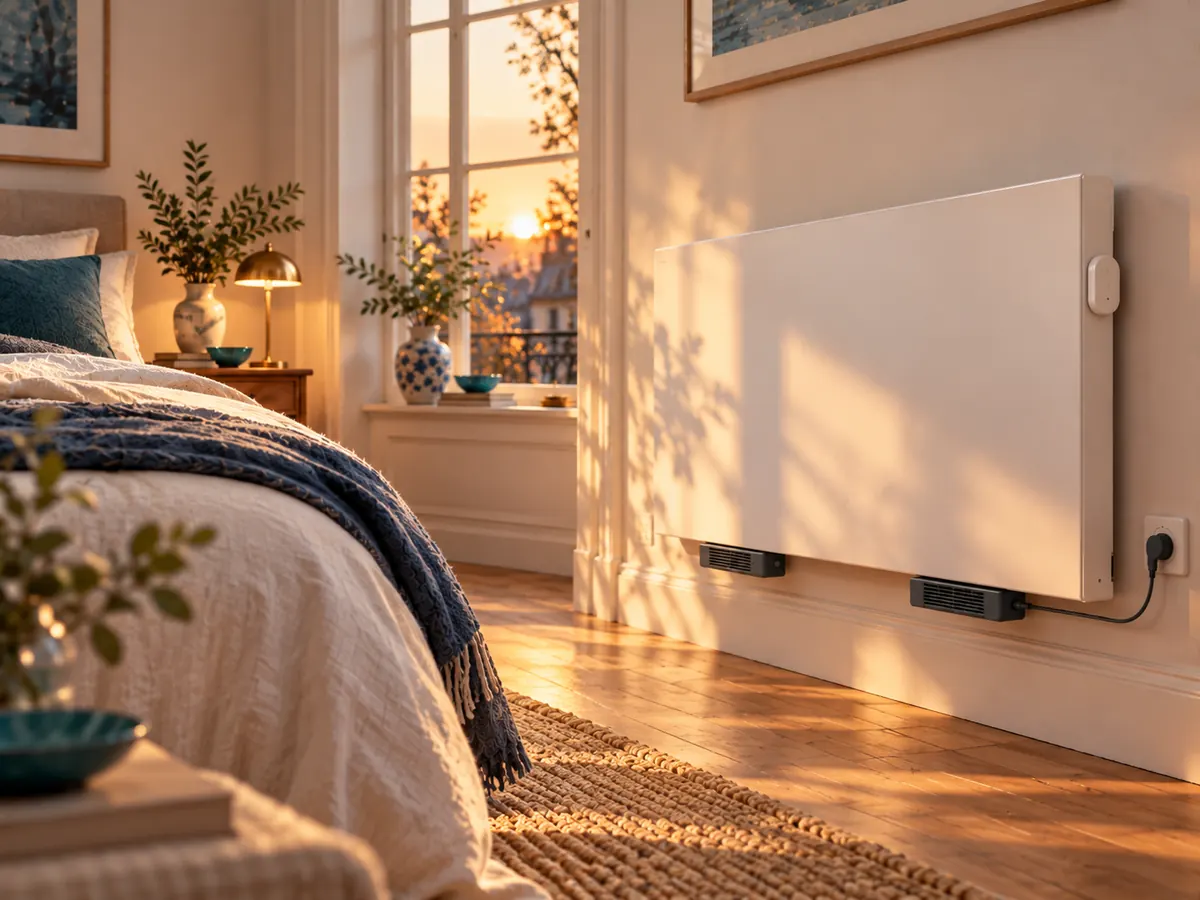 Weißer Plattenheizkörper mit zwei kleinen Lüftermodulen und einem magnetischen Temperaturfühler im Schlafzimmer
